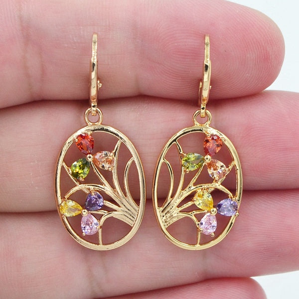 Boucles d'oreilles pendantes ovales en forme de fleur avec zircon cubique multicolore pour femme