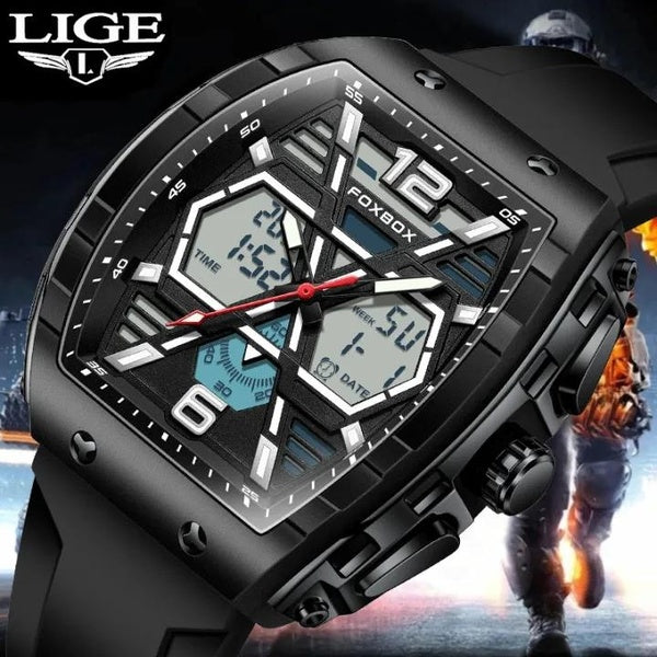 LIGE marque Foxbox montre militaire montre de sport chronographe de luxe pour hommes montre à quartz étanche grande montre double affichage de l'heur