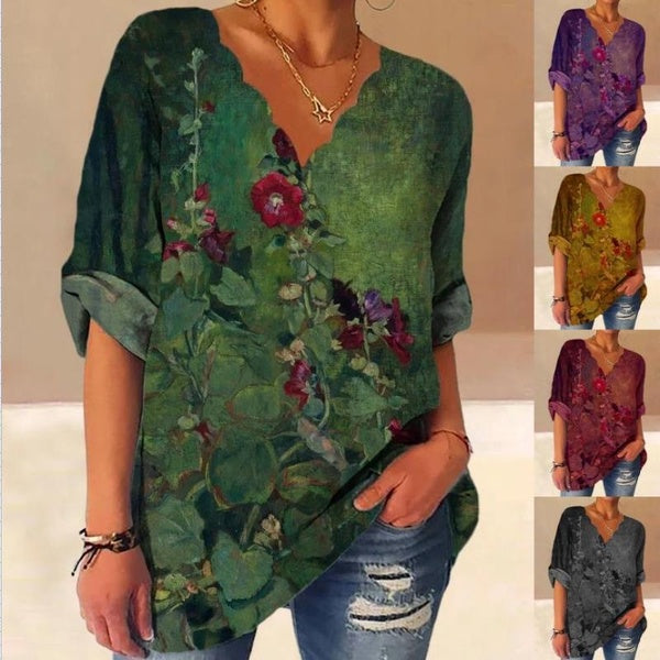 Women's Floral Printed Wave Neck Cotton Linen Retro Printed Shirt Long Sleeved Shirt Loose Blouses Fashion Casual Comfortable Tops Plus Size S-5XL