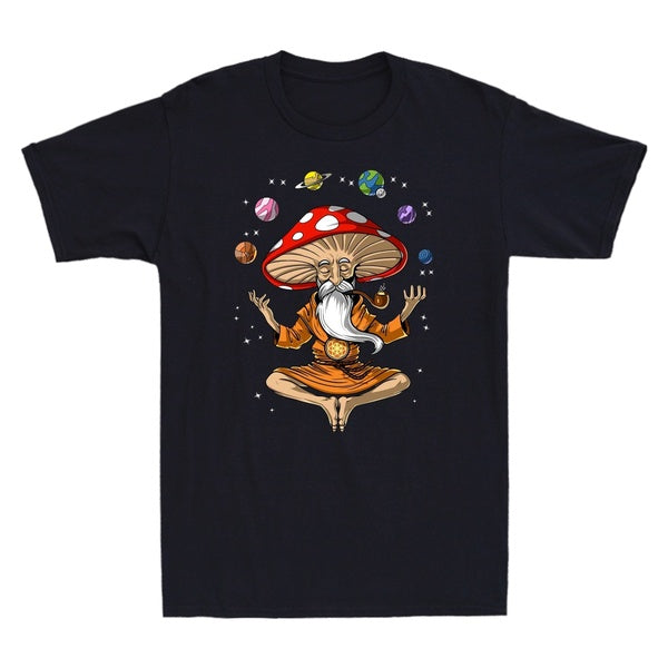 Psychedelic Meditation Magic Mushroom Yoga Funny Graphic Men's Short Sleeve T-Shirt Cotton Black Tee