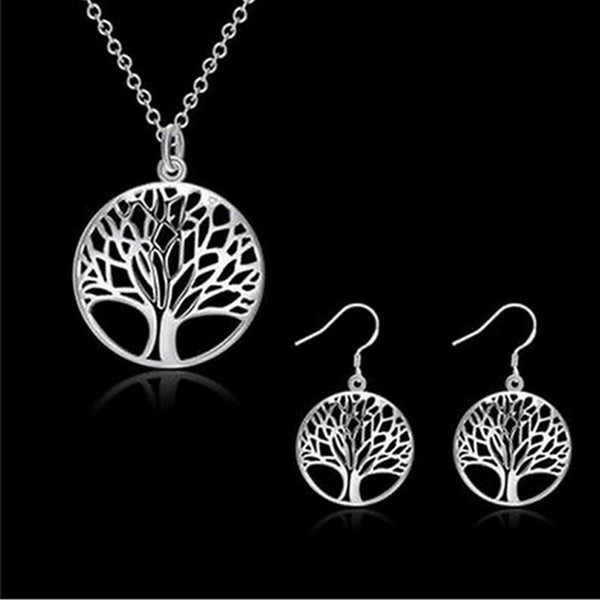 Charme Cadeau Arbre de Vie 925 Plaqué Argent Nouveau Pendentif Rempli Collier Ensemble Bijoux Boucles D'oreilles