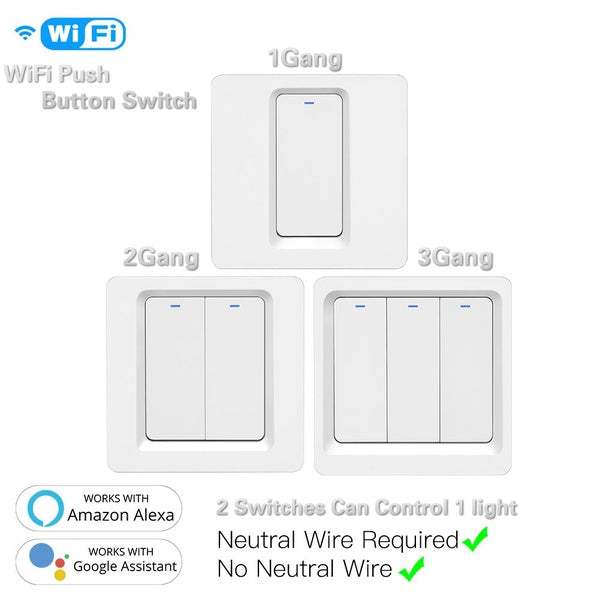 Interrupteur à bouton poussoir intelligent WiFi Moes pas de neutre requis vie intelligente Tuya APP Alexa Google Home commande vocale 2-3 voies EU UK