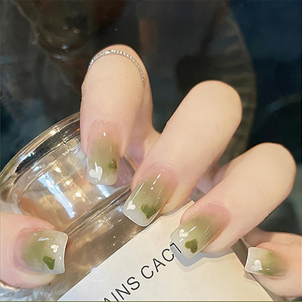 24 Piece Assortment Square Short Green Heart Press on Glossy Nails