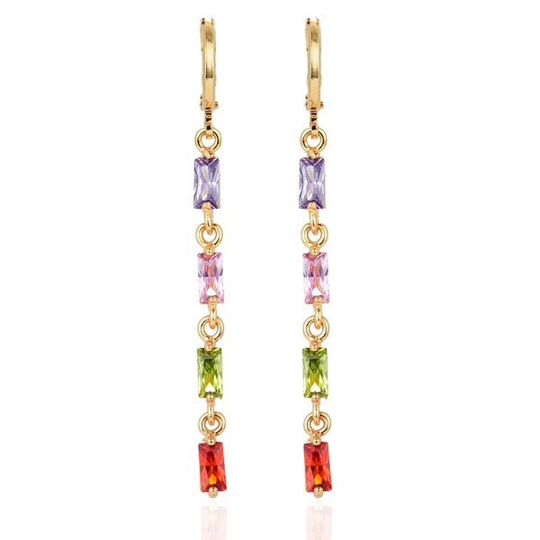 Femmes arc-en-ciel zircon cubique CZ boucles d'oreilles pendantes linéaires bijoux