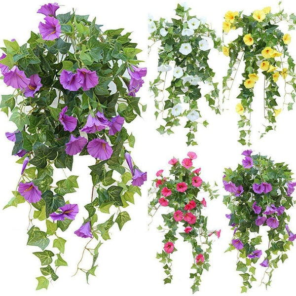 Morning Glory Flowers Artificial Fake Silk Hanging Plants Basket Vine Home Decor