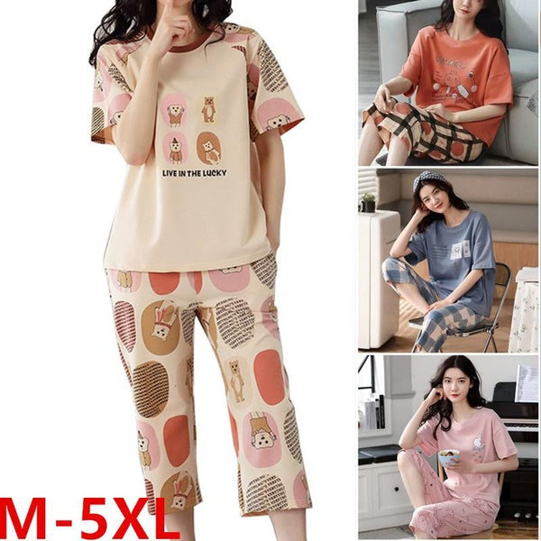 Women's Sets Cute Cartoon Print Pajamas Fashion Casual Home Service Short-sleeved Shorts 2PCS Femme Sleepwear Plus Size