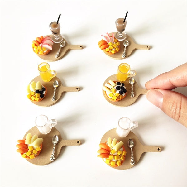 1:12 Dollhouse Mini Blueberry Mango Apple Pineapple Pie Cake Tray Milk Juice Pearl Milk Tea Miniatures Food