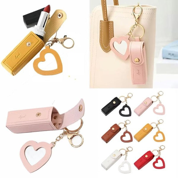 Solid Color Portable Lipstick Bags Wallet Keychain Mini Storage Bag for Women Lipsticks Protective Cover with Mini Makeup Mirror