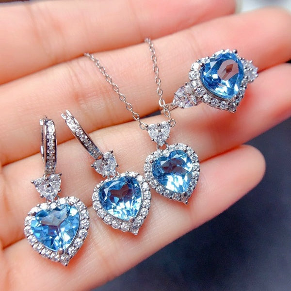 Charmant coeur mer bleu saphir argent plaqué bijoux femmes bague boucle d'oreille collier ensemble fiançailles accessoires de mariage