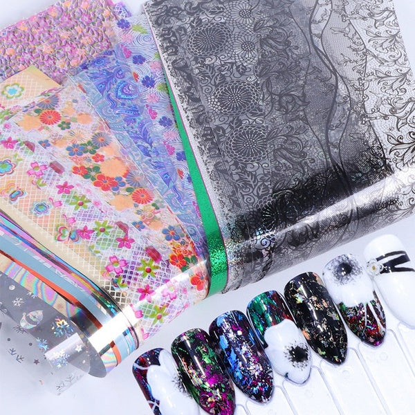 50sheets Laser Holographic Nail Foil Sticker Colorful Flower Starry Sky Manicure Transfer Decals Nail Art DIY Decoration Kit