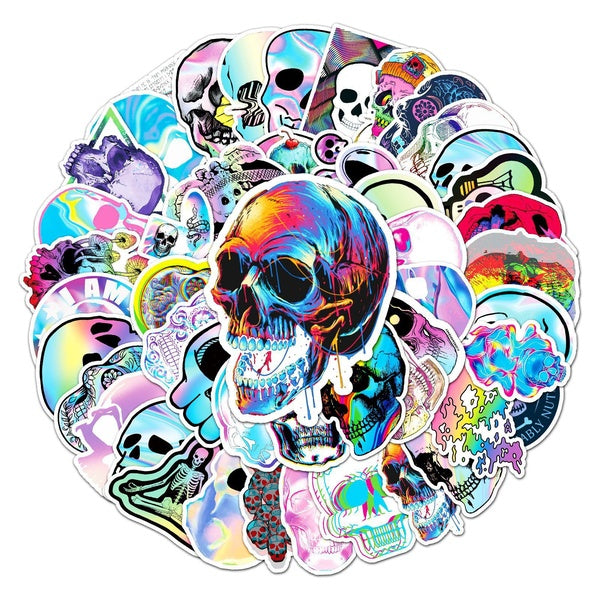 15-50pcs Punk Rock Holographic Laser Skull Suitcase Sticker Creative Refrigerator Guitar MAC Scooter Computer Tablet Cartoon Decoration