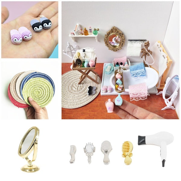 Dollhouse Bathroom Mini Slippers-Towel-Shampoo-Soap-Toothpaste-Hair Dryer Mini Mirror 1:12 Scale Miniatures Collection Kids Toy