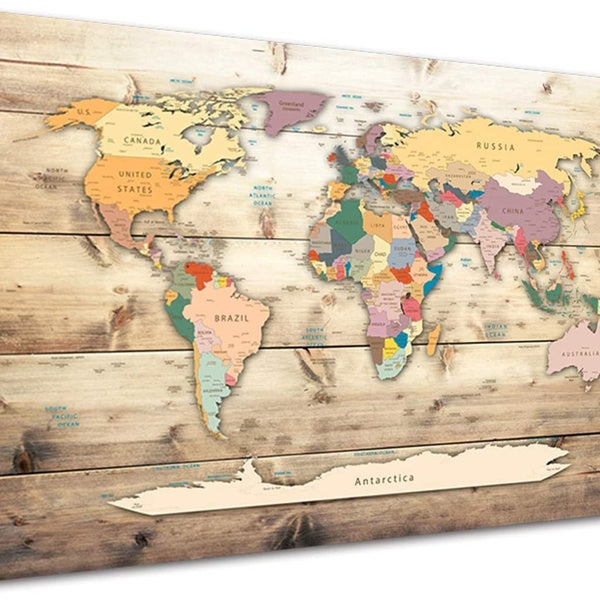 Carte du monde vintage sur toile Art mural grain de bois rétro carte du monde impression giclée auvre encadrée moderne peinture murale décoration d'i