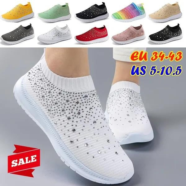 New Women Fashion Knitting Crystals Sneakers Trainers Comfy Lightweight Sparkly Sock Shoes Breathable Mesh Walking Shoes Tennis Shoes Plus Size 35-43