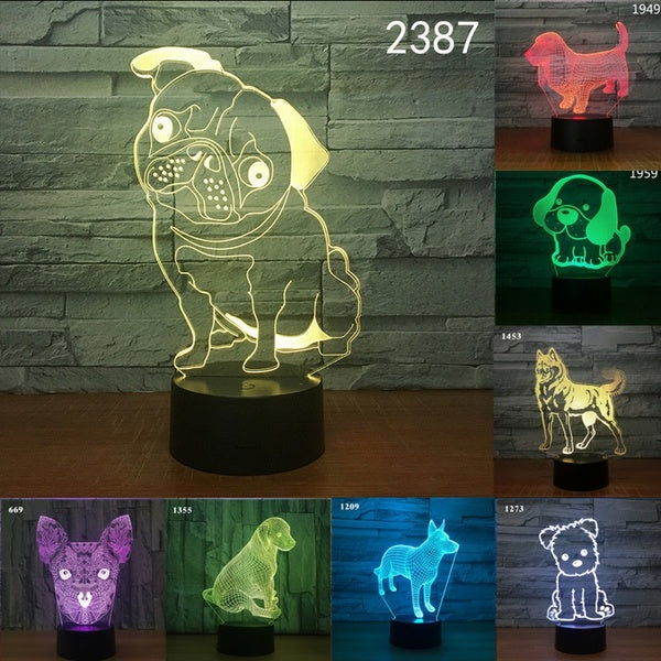 Creative Cute Dog Series LED 7 Color Changeable Light 3D Night Lamp Holiday Gifts Home Bedroom Decor