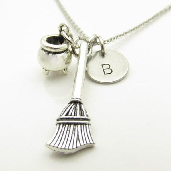 Broomstick and Cauldron Necklace, Wizard and Witches Themed Necklace, Personalized with Your Initial and Birthstone