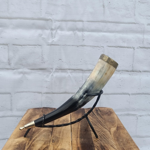 New Deluxe Medieval Drinking Horn Viking Mug Wine Viking Mug Beer Viking Mug w - Brass Fitting and Iron Display Stand Best For Gift