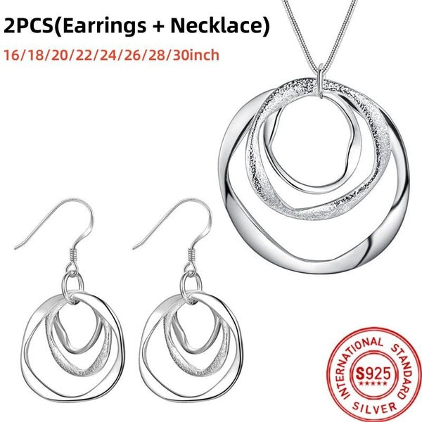 925 Sterling Silver Jewelry Set Fashion Charm Circel Collier Boucles d'oreilles Ensemble pour les femmes Lady Wedding Party