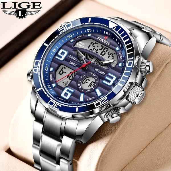 LIGE FOXBOX Hommes Sport Shock Montre Double Affichage Analogique Numérique LED Électronique Quartz-Montres Homme Étanche Natation Montres-Bracelets