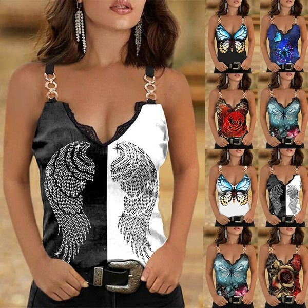 Women Summer V-neck Butterfly Lace Shirt Rose Print Chain Strap Off Shoulder Blouse Woman Clothing Sleeveless Streetwear Casual Tank Top