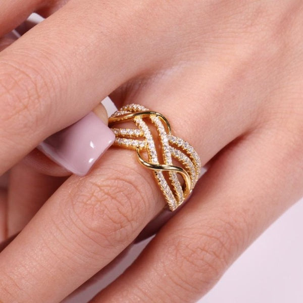 Exquisite Gold Plated Pave Setting Diamond Multilayer Intertwined Rings for Women Engagement Wedding Rings Jewelry