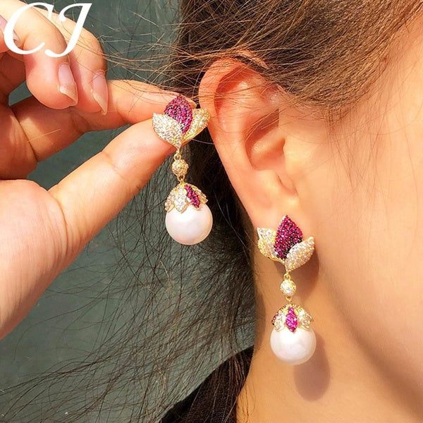 CANDICE Designer Rose Flower Drop Micro Pave Rouge Blanc Zircon Plaqué Or Big Pearl Dangle Banquet Party Longues Boucles D'oreilles Femmes Bijoux Fai
