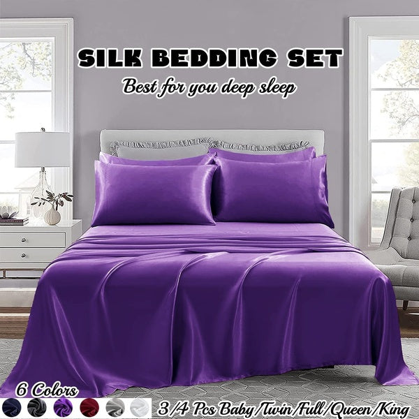 Luxury Satin Silk Soft Reversible Hypoallergenic Sheets Set Bed Set 3-4 Pcs Purple Bedding Set Flat Sheet +Fitted Sheet+ Pillowcase King-Queen-Full-T