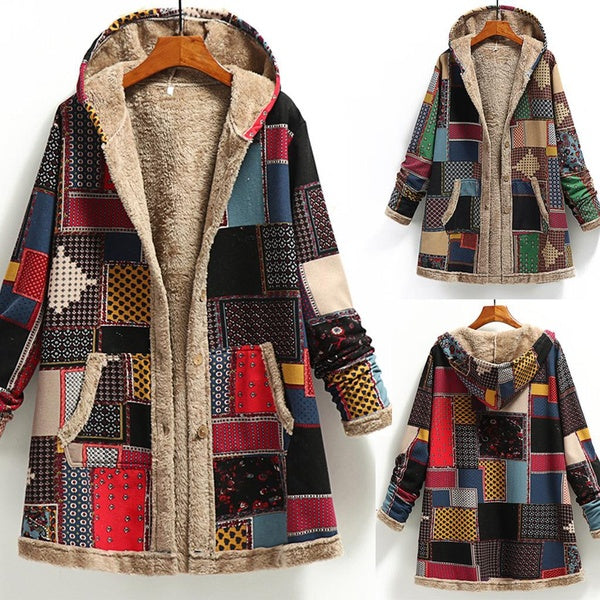 Retro Patchwork Hooded Jacket, Long Sleeve Button Up Casual Lightweight Outerwear For Fall & Winter, Women's Clothing