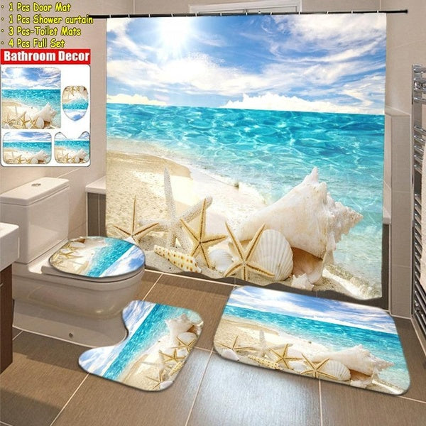 Beach Seashell Shower Curtain Set Waterproof Shower Curtain + Toilet Cover + Non-Slip U Shape Mat + Carpet Bathroom Shower Curtain Decor Set 4-3-1PCS