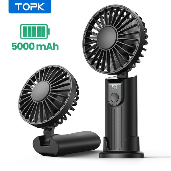 TOPK 5000mAh Mini Handheld Fan, USB Desk Fan, Personal Neck Fan Rechargeable portable fan Cooling Folding Electric Fan for Room