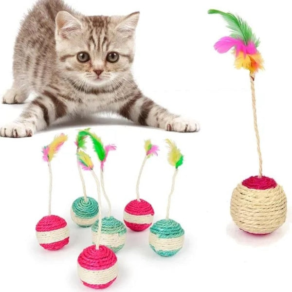 1-2Pcs Pet Toy Cat Toy Cat Sisal Scratching Ball Training Interactive Toy Cat Supplies Feather Toy Random Color