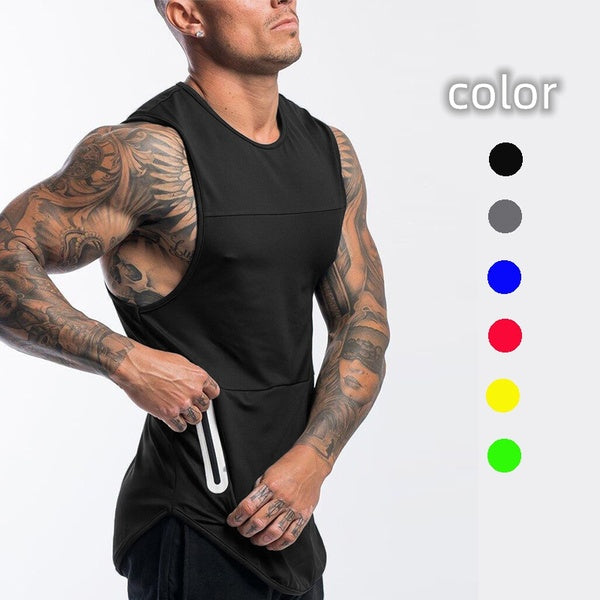 High Quality Men Sports Vest Stretch Sleeveless Casual Fitness Tank Tops Summer Quick Dry Workout Gym Shirts with Pocket