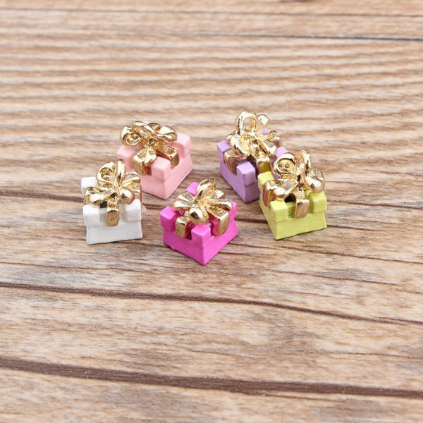 10pcs Alloy Bow Gift Box Pendant Charm Candy Color Paint Gift Box For DIY Earrings Making Jewelry Accessories