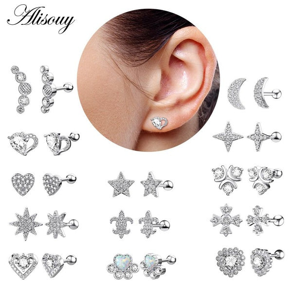 Alisouy 2 pièces CZ Zircone Opale Étoile Lune Coeur Croix Acier Inoxydable Oreille Stud Boucle D'oreille Tragus Cartilage Hommes Femmes Piercing Bijo