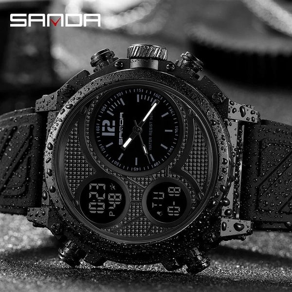 SANDA LED montres de Sport numériques 50 m étanche montre-bracelet électronique trois affichage de l'heure montre à Quartz pour hommes réveil 3002