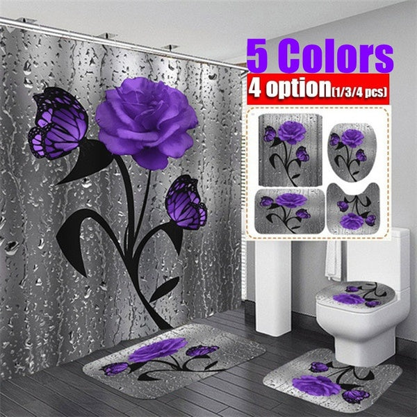 1-3-4Pcs 3D Printing Rose & Butterfly Bathroom Non-slip Mat Set Waterproof Print Shower Curtain Toilet Lid Cover Bath Mat Rugs Set Floor Mats (Color:Gr