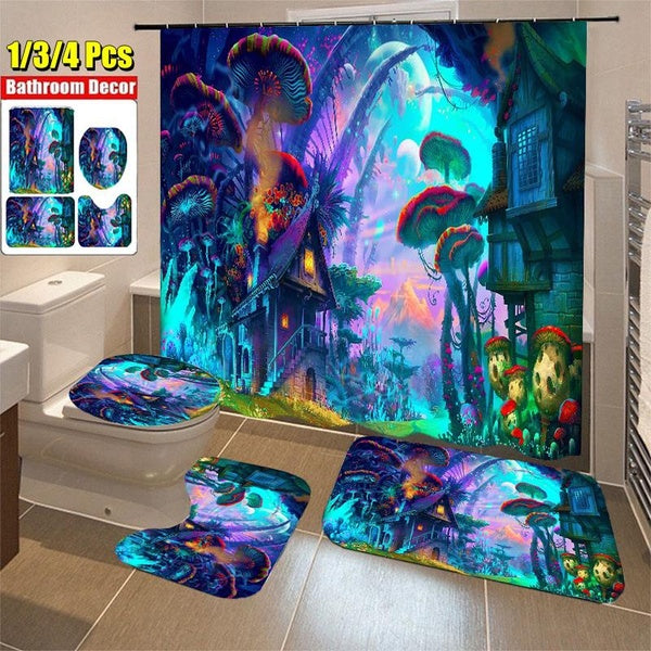 4-3-1Pcs Bathroom Decor Rugs Bathroom Psychedelic Mushrooms Print Waterproof Shower Curtain Non-slip Mats Bath Carpets Toilet Seat Cover Floor Mats