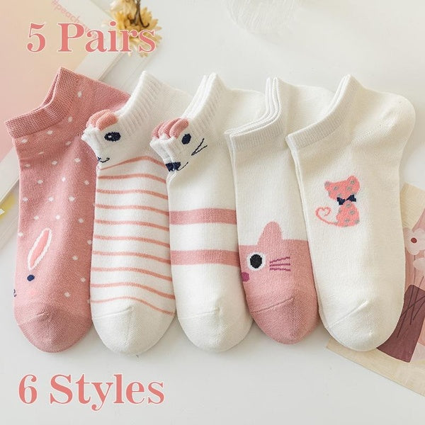 5 Pairs Cartoon Cat Print Socks, Soft Comfy Breathable and sweat-absorbent Low Cut Ankle Socks, 9 Styles Women's Socks，
