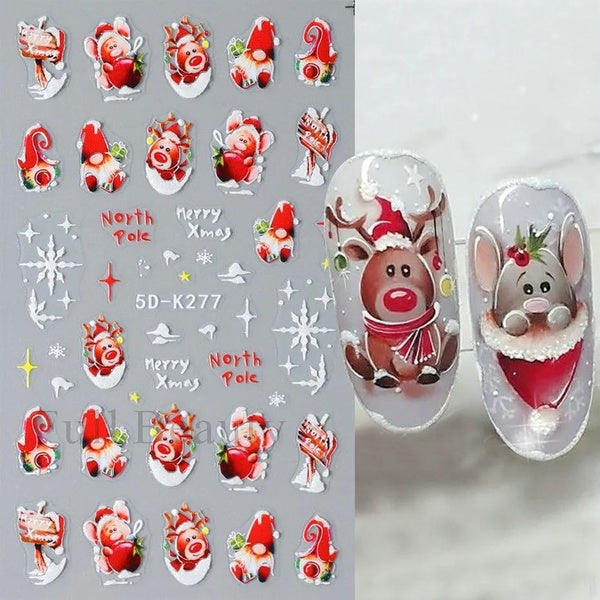 5D Cute Xmas New Year Nail Stickers Cartoon Penguin Deer Robin Bird Adhesive Sliders Winter Snowy Tree Embossed Decal Nail Decor
