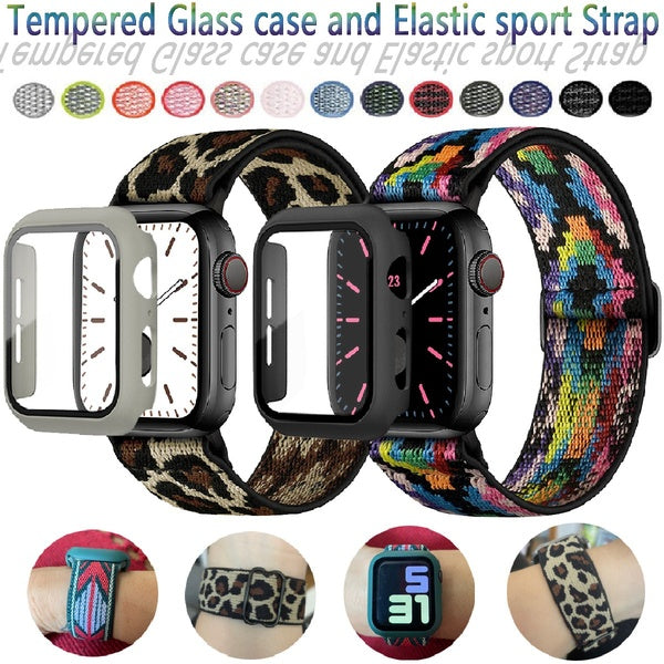 Tempered Glass case and Strap for Apple Watch Band 8 7 45 mm 41mm 6 SE 44mm 40mm 42mm 38mm Screen protector Nylon Scrunchie Elastic sport Bracelet fo