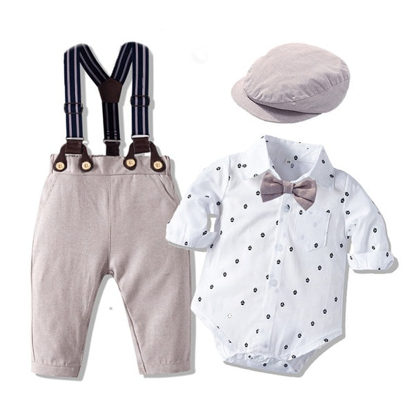 Toddler Baby Boys Gentleman Bowtie Overalls Outfit Suits Set With Hat Infant Wedding Birthday Baptism Clothes