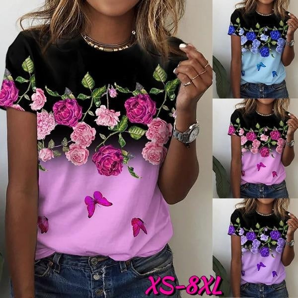 XS-8XL Women's Fashion Summer Clothes Casual O-neck Short Sleeved Tops Ladies Gradient Flowers Printed Blouses Loose T-shirts Plus Size Cotton Shirts