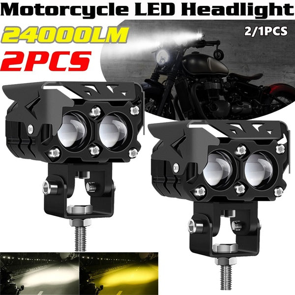 2-1PCS 24000LM LED Motorcycle Spotlights Headlights Dual Colors Moto Bike Fog DRLs Headlamp 4x4 Offroad Work Drive Spot Lights for Motorcycle Car ATV