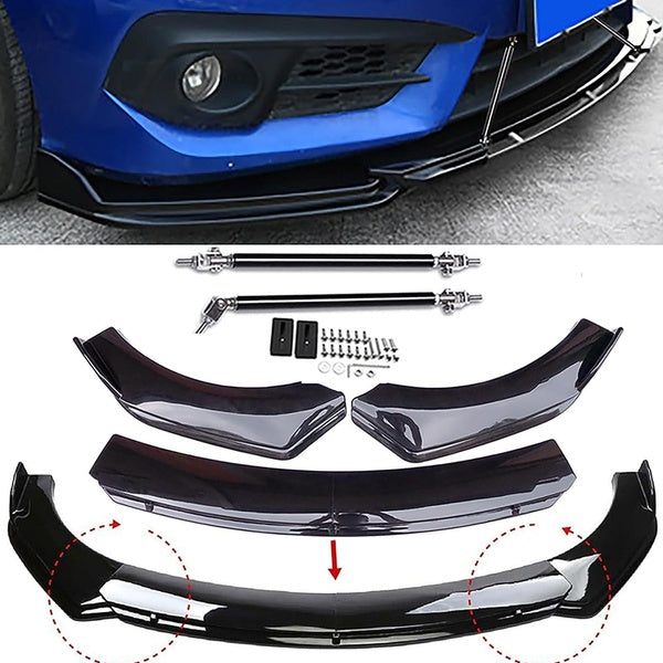 Universal Front Bumper Lip Chin Spoiler PP Front Bumper Lip Sopiler Wing Body with Adjustable 8"-11" Support Splitter Rod
