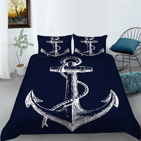 3-2 Pcs Bedding Set-Nautical Anchor Navy Blue Duvet Cover Set Ultra Soft and Easy Care Bedding Sets with Decorative Pillow Covers for Children Kids A