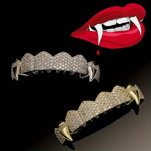 1pc Halloween Zircon Vampire Fangs Cuivre Dents Grillz Pour Hommes, Hip Hop Party Dents Bijoux