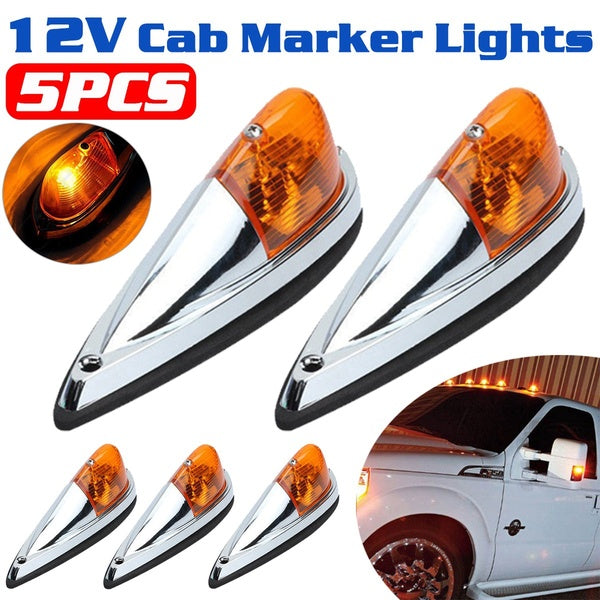 5PCS Amber Universal Cab Marker Top Roof Running Lights Kit Universal Teardrop Style Cab Light Compatible with Kenworth-Peterbilt-Freightliner-Mack-W
