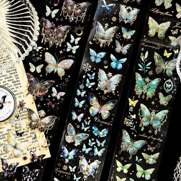 1Roll Cute Glitter Butterfly Series PET Tape Scrapbooking Stickers Perfect Collage Journaling Craft Diary Diy Supplies