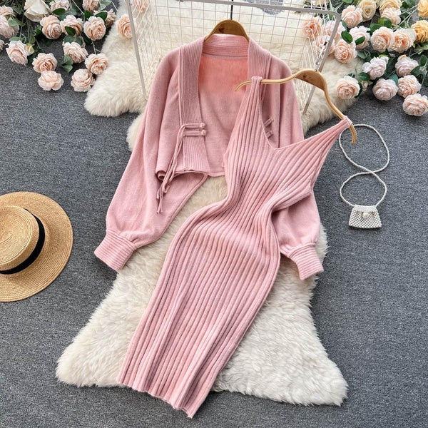 Autumn and Winter Fragrant Style Celebrity Knitting Set Women's Short Sweater Shawl Coat+Strap Dress Two Piece Set