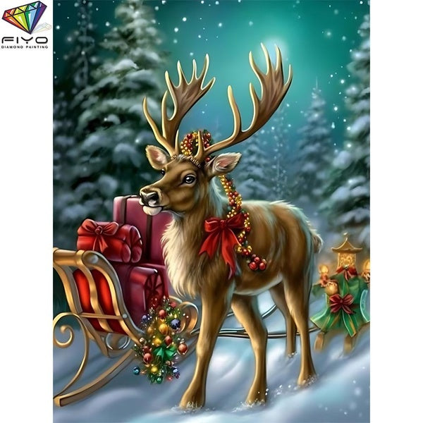 FIYO Christmas Elk DIY 5D Diamond Painting Full Drill with Number Kits Home and Kitchen Fashion Mosaic Diamond Painting Canvas Wall Decoration Gift C